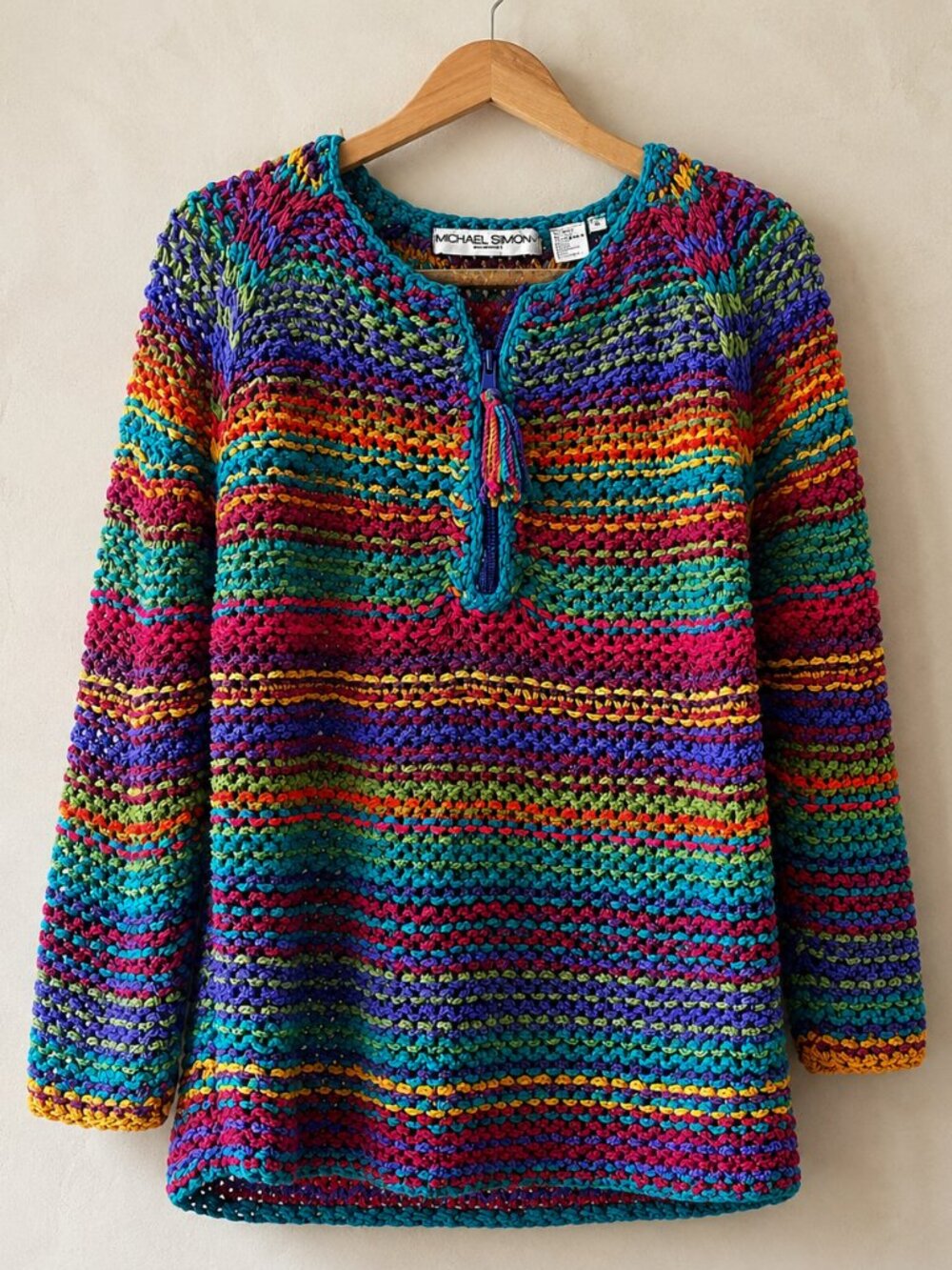 Vintage Michael Simon Rainbow Chunky Knit Half-Zip Sweater Size 2 Fits Medium